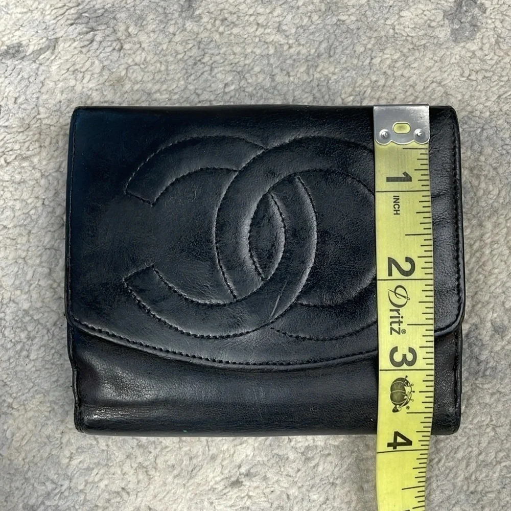 Chanel Black Leather Compact Double Snap Wallet Interlocking CC